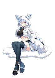 1girl alternate_hair_length alternate_hairstyle animal animal_ears belt belt_pouch black_gloves black_shirt black_thighhighs boots breasts bright_pupils closers crop_top cropped_jacket fake_animal_ears finger_to_mouth fox fox_ears fox_tail fur_trim gloves highres hood hooded_jacket jacket large_breasts long_sleeves looking_at_viewer midriff miniskirt mirae_(closers) navel official_art one_eye_closed open_clothes open_jacket parted_lips pouch red_eyes ribbed_shirt shirt short_hair sitting skirt solo stomach tail taut_clothes taut_shirt thigh_boots thighhighs thighs turtleneck white_background white_hair white_jacket white_skirt zettai_ryouiki
