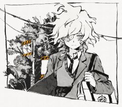 1boy :i bag black_necktie closed_mouth collared_shirt commentary_request cropped_torso danganronpa_(series) danganronpa_2:_goodbye_despair downcast_eyes expressionless hair_between_eyes highres holding holding_bag jacket komaeda_nagito lapels layered_clothes layered_sleeves long_sleeves male_focus messy_hair necktie outdoors power_lines r9rpd school_bag shirt shoulder_bag solo spot_color tree utility_pole vest white_shirt