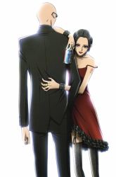 1boy 1girl alcohol beer black_hair couple dress formal_clothes hetero nana_(manga) nana_(series) official_art oosaki_nana osaki_nana short_hair simple_background suit takagi_yasushi tattoo thighhighs