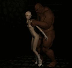 1boy 1girl 3d animated animated_gif arm_grab bent_over blonde_hair breasts choker collarbone dungeon elf facing_viewer full_body gloves half-closed_eyes hetero high_heels large_insertion legs_together lips long_hair moaning monster nipples nose nude open_mouth penis pointy_ears sex shoes small_breasts standing tagme toeless_footwear uncensored white_footwear white_gloves