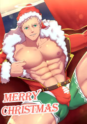 Rule 34 | 1boy, abs, absurdres, bara, bare pectorals, breasts, bulge, character request, christmas, fur-trimmed jacket, fur trim, gluteal fold, grabbing own breast, green eyes, green shorts, gyee, halo, hat, highres, jacket, large pectorals, looking at viewer, male focus, male underwear, merry christmas, minghecanyue, muscular, muscular male, navel, nipple stimulation, nipple tweak, nipples, official alternate costume, open clothes, open jacket, pectorals, red male underwear, santa costume, santa hat, short hair, shorts, solo, spread legs, stomach, thick thighs, thighs, tweaking own nipple, underwear, white hair