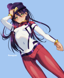 1girl aona_(anagasaki) beanie blue_background blush breasts commentary_request covered_navel gundam gundam_gquuuuuux hat highres long_hair looking_at_viewer mecha_pilot_suit normal_suit_(gundam) nyaan_(gundam_gquuuuuux) pants print_hat purple_hair purple_hat red_pants simple_background small_breasts solo standing yellow_eyes