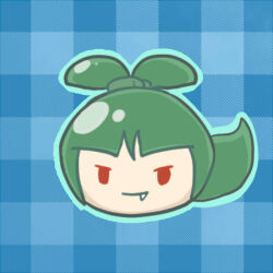 1other adagumo_no_saragimaru androgynous anime_coloring aqua_outline blue_background blunt_bangs chinese_commentary closed_mouth commentary_request double-parted_bangs fang fang_out green_hair hair_ornament head_only high_ponytail len&#039;en looking_at_viewer other_focus outline plaid_background ponytail red_eyes short_hair short_ponytail smile snake_hair_ornament snake_tail solid_oval_eyes solo split_ponytail tail yaxiu