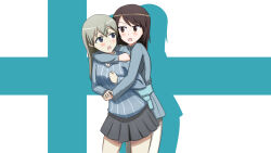 Rule 34 | absurdres, arms around neck, arms around waist, blue jacket, blue sweater, brown eyes, brown hair, cosplay, crossover, eila ilmatar juutilainen, eila ilmatar juutilainen (cosplay), finland, finnish flag, girls und panzer, grey eyes, grey hair, grey skirt, highres, hug, hug from behind, jacket, keizoku school uniform, mika (girls und panzer), mika (girls und panzer) (cosplay), miniskirt, nomad (mjauharazhar), pantyhose, school uniform, skirt, strike witches, strike witches: aurora no majo, strike witches: suomus misfits squadron, sweater, vertical-striped sweater, white pantyhose, world witches series, yuri