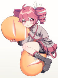 1girl ahoge belt black_boots black_shorts black_skirt black_sleeve_cuffs boots bow buttons commentary_request drill_hair fingernails food-themed_pillow full_body grey_jacket grey_skirt hair_between_eyes hair_bow hair_ribbon heart heart-shaped_pupils highres hugging_object jacket kasane_teto kasane_teto_(sv) kneehighs kouki_kuu lace-up_boots layered_skirt layered_sleeves long_sleeves looking_at_viewer midriff_peek musical_staff musical_staff_print pillow pillow_hug platform_boots red_belt red_eyes red_hair red_nails red_skirt red_socks red_trim ribbon shoelaces shorts shorts_under_skirt simple_background skirt skirt_set socks solo striped_clothes striped_jacket striped_skirt symbol-shaped_pupils synthesizer_v transparent_background twin_drills utau white_bow white_ribbon
