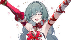 Rule 34 | 1girl, arms up, bandage over one eye, bandaged arm, bandages, bare shoulders, braid, breasts, closed eyes, commentary request, detached sleeves, earrings, facing viewer, grey hair, happy, highres, jewelry, kurisu~tina, low twin braids, medium breasts, open mouth, outstretched arms, phrolova (wuthering waves), simple background, single detached sleeve, smile, solo, tacet mark (wuthering waves), twin braids, upper body, white background, wuthering waves