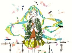 1girl aqua_eyes aqua_hair asagi_kino blonde_hair braverlize_(vocaloid) collared_shirt commentary_request cowboy_shot floating_hair gauze gauze_on_cheek green_jacket hatsune_miku highres jacket long_sleeves masking_tape_(medium) miniskirt mixed_media multicolored_hair multicolored_skirt neck_ribbon one_eye_closed own_hands_clasped own_hands_together railing red_sweater ribbon shirt sidelocks skirt smile solo split_mouth sweater swept_bangs traditional_media twintails unconventional_media vocaloid white_background white_shirt yellow_skirt