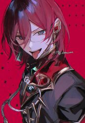 Rule 34 | 1boy, black jacket, ensemble stars!, glasses, highres, jacket, looking at viewer, male focus, medium hair, mg omom, red background, red hair, saegusa ibara, smile, solo, teeth, tongue, tongue out, twitter username, upper teeth only