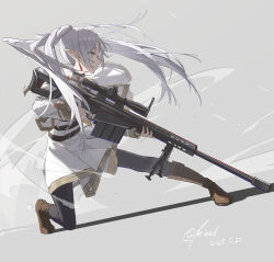 Rule 34 | 1girl, absurdres, anti-materiel rifle, barrett m82, black pantyhose, blue eyes, boots, brown boots, dress, earrings, frieren, full body, gun, highres, holding, holding gun, holding weapon, jewelry, kieed, long sleeves, pantyhose, pointy ears, rifle, sniper rifle, solo, sousou no frieren, sparkle, twintails, weapon, white dress, white hair