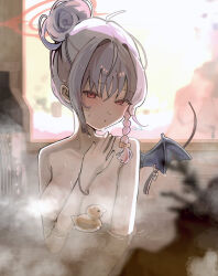 Rule 34 | 1girl, :o, alternate hairstyle, bathing, blue archive, blush, braid, coa (35 seno), completely nude, demon girl, demon tail, demon wings, hair between eyes, hair bun, haruna (blue archive), highres, long hair, looking at viewer, nude, open mouth, partially submerged, red eyes, sidelocks, single braid, single wing, solo, tail, white hair, wings