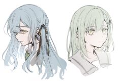 2girls bang_dream! bang_dream!_it&#039;s_mygo!!!!! black_ribbon blue_hair chinese_commentary closed_mouth commentary_request expressionless green_hair green_necktie hair_ornament hair_ribbon hairclip haneoka_school_uniform highres long_hair multiple_girls muonrei00 necktie ribbon school_uniform shirt simple_background togawa_sakiko tsukinomori_school_uniform two_side_up wakaba_mutsumi white_background white_shirt yellow_eyes