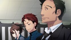 1girl 2boys adam&#039;s_apple black_necktie black_stripes blazer blue_sailor_collar brown_hair ceiling chuo_tanegashima_high_school_uniform chuo_tanegashima_high_winter_school_uniform clenched_teeth closed_eyes collarbone collared_jacket cropped_shirt crying formal_clothes frown fukuda_tomonori funeral game_cg grey_shirt hair_between_eyes high_ponytail highres indoors jacket long_sleeves looking_down looking_to_the_side loose_necktie multiple_boys nagafukada_mitsuhiko necktie no_beard non-web_source official_art open_collar parted_lips ponytail ponytail_with_braided_base red_hair robotics;notes sad sailor_collar school_uniform senomiya_akiho shirt short_hair sidelocks streaming_tears suit suit_jacket teardrop tears teeth tile_ceiling tiles very_short_hair yashio_kaito