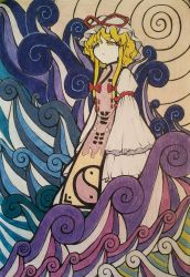 1girl arm_strap blonde_hair bow commentary dress expressionless hat hat_ribbon highres iigudaguda1122 long_sleeves mob_cap ocean purple_tabard red_bow red_ribbon ribbon ringed_eyes short_hair sleeves_past_wrists solo spiral tabard touhou traditional_media white_dress white_hat wide_sleeves yakumo_yukari yellow_eyes
