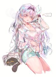 1girl 1other aqua_shorts belly black_hairband cocoballking dolphin_shorts firefly_(honkai:_star_rail) gradient_hair hair_between_eyes hair_intakes hair_ornament hair_tie hairband hand_in_own_hair highres honkai:_star_rail honkai_(series) long_hair multicolored_eyes multicolored_hair navel open_mouth shirt shorts simple_background speech_bubble teeth trailblazer_(honkai:_star_rail) trailblazer_(trash_cake)_(honkai:_star_rail) two-tone_eyes upper_teeth_only white_background white_shirt