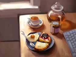 artist_name blurry blurry_background bread_slice cup egg food food_focus fork indoors jam jar kay_(kf1n3) computer_keyboard original plate saucer signature sketch still_life tea teacup teapot toast
