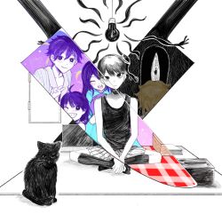 Rule 34 | 1girl, 4boys, :d, ;d, ^ ^, ahoge, animal, aubrey (headspace) (omori), aubrey (omori), bare arms, bare shoulders, basil (faraway) (omori), basil (omori), black eyes, black hair, black tank top, blonde hair, blue dress, bright pupils, brothers, cat, closed eyes, closed mouth, collarbone, colored skin, commentary, computer, door, double-parted bangs, dress, empty eyes, english commentary, full body, hair behind ear, hair between eyes, hazesejso, hero (headspace) (omori), hero (omori), highres, holding, holding stuffed toy, indian style, kel (headspace) (omori), kel (omori), kneehighs, knife, laptop, light bulb, long hair, mewo, mr. plantegg (omori), multiple boys, no pupils, omori, omori (omori), one eye closed, open mouth, own hands together, picnic blanket, pinstripe pattern, pinstripe shirt, purple eyes, purple hair, rainbow, revealing layer, shirt, short hair, short sleeves, shorts, siblings, simple background, sitting, smile, socks, something (omori), star (symbol), striped clothes, striped shorts, stuffed toy, tank top, teeth, upper teeth only, vertical-striped clothes, vertical-striped shorts, very short hair, white background, white pupils, white shirt, white shorts, white skin