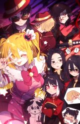 4boys 4girls ;p ? ?? black_eyes black_gloves black_hair blonde_hair blood blood_on_face breasts commentary_request don_quixote_(project_moon) double_bun dumbbell e.g.o_(project_moon) glasses gloves green_eyes hair_between_eyes hair_bun hair_ornament hat heart heart_hair_ornament highres holding holding_dumbbell in_the_name_of_love_and_hate_(e.g.o) jang_schna jia_family_(identity)_(project_moon) jia_xichun_(project_moon) korean_commentary limbus_company lobotomy_corporation_(identity)_(project_moon) meursault_(project_moon) multiple_boys multiple_girls one_eye_closed pink_eyes pmchell_04 project_moon red_eyes red_hat red_nails ryoshu_(project_moon) sinclair_(project_moon) spoken_question_mark sword thumb_(identity)_(project_moon) tongue tongue_out twintails twitter_username two_side_up v v_over_eye weapon wei_(project_moon) yellow_eyes yi_sang_(project_moon)