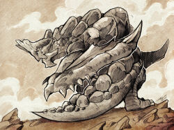 basarios_(monster_hunter) claws dragon fantasy horms ink monochrome monster monster_hunter_(series) mountains outdoors sky source_request traditional_media