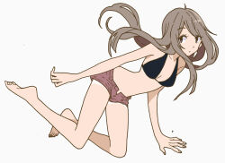 Rule 34 | 1girl, artist request, barefoot, bikini, bikini top only, black bikini, breasts, cleavage, floating, full body, grey hair, long hair, looking at viewer, open fly, original, pink shorts, short shorts, shorts, simple background, solo, source request, swimsuit, third-party source, white background
