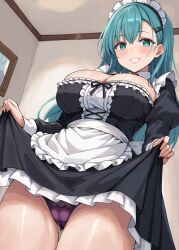 1girl aqua_eyes aqua_hair breasts cameltoe cleavage cowboy_shot hair_ornament hairpin highres indoors kantai_collection large_breasts long_hair looking_at_viewer maid maid_headdress open_mouth panties purple_panties rakutosu smile solo suzuya_(kancolle) teeth underwear