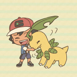 1boy ash_ketchum baseball_cap bayleef black_hair blue_shoes blue_shorts blue_vest chibi closed_eyes closed_mouth commentary_request gen_2_pokemon hat leaf male_focus mojacookie nintendo official_art open_clothes open_mouth open_vest pokemon pokemon_(anime) pokemon_(creature) pokemon_journeys red_hat second-party_source shirt shoes short_hair short_sleeves shorts smile standing striped_background teeth upper_teeth_only vest white_shirt