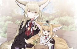 2girls absurdres animal_ears arknights basket black_gloves blonde_hair commentary crossover dated_commentary flower fox_ears fox_girl fox_tail gloves green_eyes heixiu highres holding holding_basket kitsune kyuubi layered_sleeves lily_of_the_valley long_hair luo_xiaohei_zhanji mother_and_daughter multiple_girls multiple_tails name_connection neck_ribbon necktie object_namesake open_mouth orange_eyes outdoors red_necktie red_ribbon ribbon samip scar scar_on_face shirt sitting suzuran_(arknights) tail teeth upper_teeth_only vulpisfoglia_(arknights) white_shirt