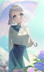 1girl absurdres blue_eyes blue_ribbon blue_skirt closed_mouth cowboy_shot flower gakuen_idolmaster grey_hair hakumai_(5fc) highres holding holding_umbrella idolmaster katsuragi_lilja looking_at_viewer neck_ribbon pink_flower rain ribbon shirt short_hair skirt smile solo umbrella white_shirt
