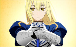 aiz_wallenstein armor armored_dress artoria_pendragon_(fate) blonde_hair cosplay crossover dress dungeon_ni_deai_wo_motomeru_no_wa_machigatteiru_darou_ka excalibur_(fate/stay_night) fate/stay_night fate_(series) faulds gauntlets highres rayish saber_(fate) saber_(fate)_(cosplay) self_cosplay sword weapon yellow_eyes