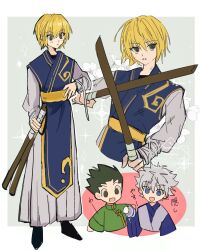 3boys :d alternate_costume black_shoes blonde_hair blue_eyes blue_kimono border brown_eyes closed_mouth full_body gon_freecss green_eyes green_shirt grey_background highres holding holding_weapon hunter_x_hunter japanese_clothes killua_zoldyck kimono kurapika long_sleeves looking_at_viewer male_focus multiple_boys multiple_views open_mouth pants s_go05 sash shirt shoes short_hair simple_background smile solo_focus sparkle spiked_hair standing upper_body weapon white_border white_pants white_shirt yellow_sash