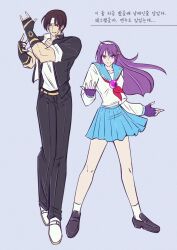 absurdres asamiya_athena fingerless_gloves gloves hair_ornament headband highres kusanagi_kyou psycho_soldier purple_eyes purple_hair school_uniform skirt snk star_(symbol) star_hair_ornament the_king_of_fighters white_headband