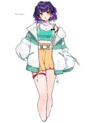 ahoge arm_strap artist_name blunt_bangs blush breasts cherry_earrings earrings food-themed_earrings food_themed_earrings highres jewelry long_sleeves looking_at_viewer medium_breasts midriff nanase_suzuna nanase_suzuna_(2nd_costume) navel_peek necklace neko_kai-san nijisanji no_feet parted_lips purple_hair short_hair single_off_shoulder sleeves_past_fingers sleeves_past_wrists strap_slip thigh_strap twitter_username virtual_youtuber yellow_eyes