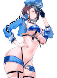 1girl aiguillette azur_lane baltimore_(azur_lane) baltimore_(finish_line_flagbearer)_(azur_lane) bikini black_gloves blue_bikini blue_hat blue_jacket braid breasts brown_hair chest_harness closed_mouth cropped_jacket from_below from_side gloves hair_behind_ear hand_on_own_hip harness hat highleg highleg_bikini highres jacket large_breasts looking_to_the_side micro_shorts navel open_clothes open_jacket peaked_cap porroll race_queen short_hair shorts side_braid simple_background single_glove skindentation solo swimsuit thigh_strap underboob white_background yellow_eyes