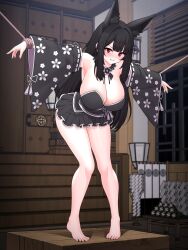 1girl absurdres animal_ears armpits bare_legs bare_shoulders barefoot black_hair black_shirt black_skirt bound bound_wrists breasts cleavage clenched_teeth commission detached_collar detached_sleeves extra_ears floral_print fox_ears frilled_skirt frills full_body highres japanese_clothes kkam-sang large_breasts leaning_forward long_hair looking_at_viewer miniskirt original outstretched_arms red_eyes rope shirt skirt solo standing strapless strapless_shirt teeth thighs tiptoes v-shaped_eyebrows very_long_hair wide_sleeves