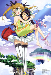Rule 34 | 10s, 2girls, :d, ;d, absurdres, barefoot, black hair, blue eyes, brown hair, carrying, dog days, feet, green eyes, hashidate kana, highres, megami magazine, multiple girls, official art, one eye closed, open mouth, princess carry, rebecca anderson, scan, shoes, single shoe, skirt, smile, takatsuki nanami, thighhighs, twintails, zettai ryouiki