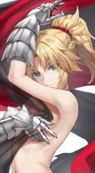 1girl bare_shoulders blonde_hair braid breasts fate/apocrypha fate_(series) gauntlets green_eyes half_up_braid highres long_hair looking_at_viewer mordred_(fate) mordred_(fate/apocrypha) parted_bangs ponytail sidelocks small_breasts smile solo tonee