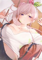 Rule 34 | 1girl, absurdres, airani iofifteen, airani iofifteen (1st costume), bare shoulders, blue overalls, blush, breasts, breasts apart, closed mouth, collarbone, commentary, dated, facepaint, green ribbon, hair bun, hair ribbon, highres, holding, holding brush, hololive, hololive indonesia, large breasts, long hair, lying, navel, on back, overalls, papers, parkiranhonda, pink eyes, pink hair, pink ribbon, polka dot, polka dot ribbon, ribbon, side ponytail, single side bun, solo, stomach, striped ribbon, sweat, twitter username, virtual youtuber, wooden floor