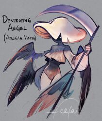 1girl angel angel_wings colored_skin crop_top english_text feefal fungi highres holding holding_scythe leotard monster_girl mushroom mushroom_girl mushroom_hat original personification scythe simple_background solo wings