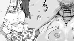 Rule 34 | 1girl, animal print, bar censor, barbarian tk, breasts, censored, cow print, greyscale, hetero, large breasts, male pubic hair, monochrome, nipples, original, paizuri, penis, pubic hair