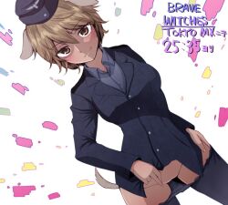 1girl animal_ears black_jacket blonde_hair brave_witches brown_eyes dark-skinned_female dark_skin dog_ears dog_girl dog_tail jacket liar_lawyer looking_at_viewer military military_uniform pantyhose short_hair solo standing tail waltrud_krupinski world_witches_series