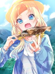 Rule 34 | 1girl, blonde hair, blue eyes, blue hair, blue jacket, blue shirt, collarbone, commentary request, curtained hair, eating, fang, fish (food), food, gradient hair, hat, highres, holding, holding food, jacket, link! like! love live!, long hair, long sleeves, love live!, low twintails, multicolored hair, open clothes, open jacket, open mouth, orange hat, osawa rurino, outdoors, parted bangs, pinstripe pattern, pinstripe shirt, sakari (pear 8 ll), shirt, solo, twintails, upper body, v-shaped eyebrows, virtual youtuber