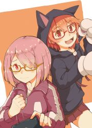 2girls animal_hands animal_hood black_hoodie brown_skirt cat_hood closed_mouth commentary_request cowboy_shot fang glasses gloves highres hood hood_up hoodie hoshino_hinata hoshino_miyako_(wataten) jacket kokuya_(kokuya28) looking_at_viewer multiple_girls open_mouth orange-framed_eyewear orange_background orange_hair paw_gloves pink_hair pleated_skirt purple_jacket red-framed_eyewear red_eyes short_hair siblings sisters skirt smile two-tone_background upper_body watashi_ni_tenshi_ga_maiorita!