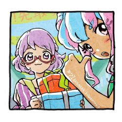 Rule 34 | 2girls, :3, aikatsu! (series), aikatsu stars!, banner, blue hair, blush, border, gift, glasses, half updo, hanazono kirara, hand up, holding, holding gift, looking at viewer, multicolored hair, multiple girls, nanakura koharu, off-shoulder shirt, off shoulder, open mouth, osouzai-kun, pink eyes, pink hair, pinstripe pattern, pinstripe shirt, pointing, pointing at self, pointing with thumb, purple eyes, purple hair, purple shirt, romaji text, semi-rimless eyewear, shirt, short hair, smile, two-tone hair, upper body, v-shaped eyebrows, white border