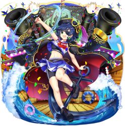 1girl alternate_costume alternate_headwear anchor anchor_hat_ornament barrel bike_shorts bird black_boots black_coat black_hat black_shorts blue_hair blue_skirt blue_sky boots cannon chain cheerleader coat coat_on_shoulders confetti crop_top day eyepatch flag full_body game_cg gold_trim green_eyes hat hat_ornament highres hishaku hydrokinesis leg_up lifebuoy long_hair looking_at_viewer multicolored_shirt multicolored_skirt murasa_minamitsu murasa_minamitsu_(all_aboard!_full_speed_ahead!) navel neckerchief official_art open_mouth red_neckerchief rotte_(1109) ship shorts shorts_under_skirt skirt sky smile socks solo swim_ring third-party_source touhou touhou_lostword transparent_background water water_drop watercraft white_socks