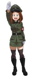 Rule 34 | boku no hero academia, brown eyes, brown hair, hideyoshiao1, highres, nazi, salute, straight-arm salute, thick thighs, thighs, uraraka ochako