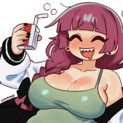 1girl alcohol alcohol_carton bare_shoulders black_bow black_nails blush bocchi_the_rock! bow braid braided_ponytail breasts bubble cleavage closed_eyes dress drinking_straw drooling ear_piercing green_dress hair_bow hiroi_kikuri holding_carton jacket large_breasts long_hair lulalamoo no_bra off_shoulder open_mouth piercing red_hair sharp_teeth simple_background solo teeth white_background white_jacket