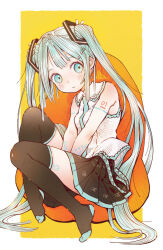 Rule 34 | 1girl, absurdly long hair, arm tattoo, bean bag chair, between breasts, between legs, black skirt, black thighhighs, blue eyes, blue hair, blue necktie, blush, breasts, closed mouth, collared shirt, commentary request, food-themed hair ornament, full body, hair intakes, hair ornament, hand between legs, hatsune miku, highres, kawamitsu, long hair, necktie, necktie between breasts, no shoes, number tattoo, pleated skirt, shirt, sidelocks, sitting, skirt, sleeveless, sleeveless shirt, smile, solo, spring onion hair ornament, tattoo, thighhighs, twintails, v arms, very long hair, vocaloid, white shirt