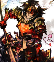 Rule 34 | armor, black hair, headband, highres, male focus, polearm, sanada yukimura, sengoku musou, sketch, spear, weapon