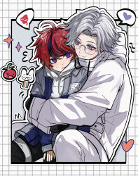 2boys aaa_jin65980 ahoge aotsuki_eito black_gloves black_pants blush chinese_commentary commentary_request front-to-back gloves grey_hair grey_jacket heart highres hood hoodie hug jacket male_focus multiple_boys pants red_hair short_hair sitting smile spoken_heart spoken_squiggle squiggle sumino_takumi sweatdrop the_hundred_line_-last_defense_academy- wavy_mouth white_hoodie white_pants yaoi