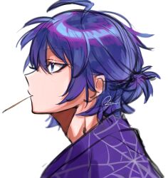 Rule 34 | 1boy, ahoge, blue eyes, blue hair, highres, kr27, mairimashita! iruma-kun, male focus, mouth hold, profile, short hair, simple background, sketch, solo, spider web print, suzuki iruma, white background