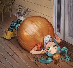 1girl adapted_costume alternate_costume aqua_hair aqua_thighhighs black_thighhighs blush boots chair closed_mouth collar commentary commission english_commentary flower_pot forehead full_body googly_eyes green_eyes halloween_costume hand_up highres legs_together long_hair lying mixed-language_commentary monogatari_(series) on_back onion ononoki_yotsugi orange_headwear outdoors puffy_short_sleeves puffy_sleeves ricman_rt rubber_boots shadow short_eyebrows short_sleeves sidelocks solo striped_clothes striped_thighhighs thick_eyebrows thighhighs tsukimonogatari twintails v white_collar wooden_floor yellow_boots